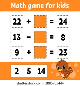 Math game for kids. Education developing worksheet. Activity page with pictures. Game for children. Color isolated vector illustration. Funny character. Cartoon style.