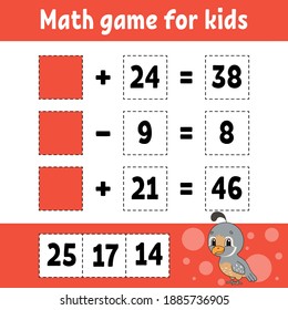 Math game for kids. Education developing worksheet. Activity page with pictures. Game for children. Color isolated vector illustration. Funny character. Cartoon style.