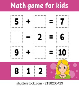 Math game for kids. Education developing worksheet. Activity page with pictures. Game for children. Color isolated vector illustration. Funny character. Cartoon style.