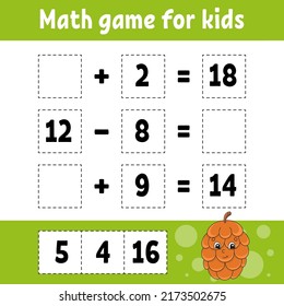 Juego de matemáticas para niños. Educación desarrollando hoja de trabajo. Actividad con imágenes. Juego para niños. Ilustración vectorial aislada por color. Carácter gracioso. Estilo de caricatura.