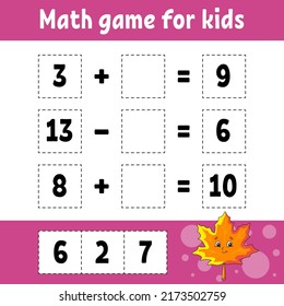 Juego de matemáticas para niños. Educación desarrollando hoja de trabajo. Actividad con imágenes. Juego para niños. Ilustración vectorial aislada por color. Carácter gracioso. Estilo de caricatura.