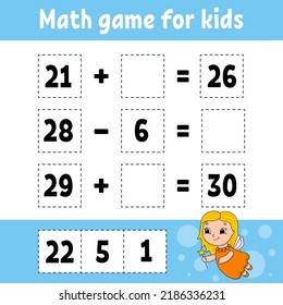 Math game for kids. Education developing worksheet. Activity page with pictures. Game for children. Color isolated vector illustration. Funny character. Cartoon style.