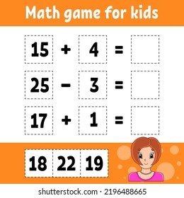 Math game for kids. Education developing worksheet. Activity page with pictures. Game for children. Color isolated vector illustration. Funny character. Cartoon style.