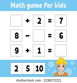 Math game for kids. Education developing worksheet. Activity page with pictures. Game for children. Color isolated vector illustration. Funny character. Cartoon style.