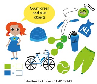 Math game for kids education. Help the girl count the green and blue objects. Vector.
