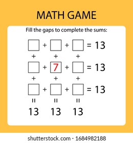 Math game for kids /fill the gaps to complete the sums