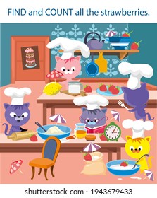 Math game for kids. Find and count all strawberries. Kittens prepare strawberry cake. Vector illustrations, full color. 