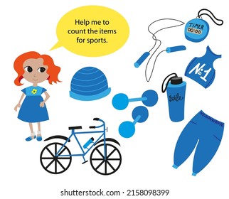 Math game for kids. Help count sports items. Vector graphics