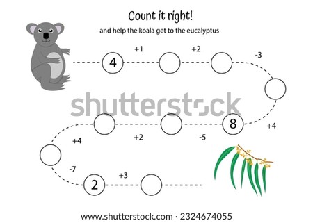 Math game for kids. Help the koala get to the food. Addition, subtraction. Presculus worksheet. Count up to ten. Vector cartoon image