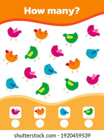 Math game for kids. How many colorful birds are there. Vector illustration.