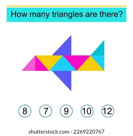 Math game for kids. How many triangles are there? Need to find the correct answer. Vector illustration. Flat design.