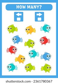 Math game for kids. How many fish turned left and right. Printable worksheets.