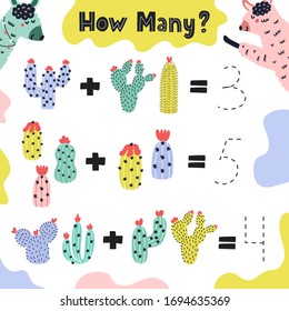 Math game for kids with llamas and cactuses. How many activity page. Addition worksheet for preschool children. Mathematical practice. Vector illustration