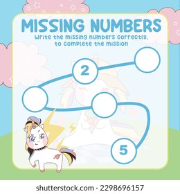 math game for kids. missing numbers page with colorful and cute unicorn character. Write the missing number correctly. Educational printable math worksheet. Counting practice. Vector file.