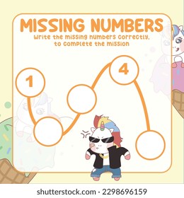 math game for kids. missing numbers page with colorful and cute unicorn character. Write the missing number correctly. Educational printable math worksheet. Counting practice. Vector file.