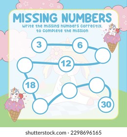 math game for kids. missing numbers page with colorful and cute unicorn character. Write the missing number correctly. Educational printable math worksheet. Counting practice. Vector file.