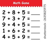 Math game for kids. numeric sequence. plus or minus. calculate, math sum and write answer. worksheet for kids kindergarten 2