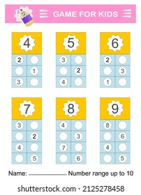 Math game for kids. Preschool worksheet activity. Printable worksheet. Number range up to 10. Vector illustration.