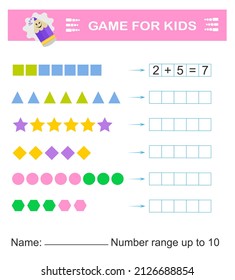 Math game for kids. Preschool worksheet activity. Printable worksheet. Number range up to 10. Vector illustration.