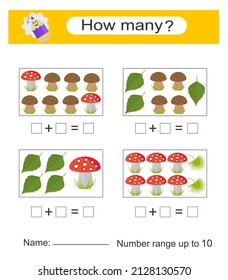 Juego de matemáticas para niños. Actividad de la hoja de cálculo preescolar. Hoja de cálculo imprimible.