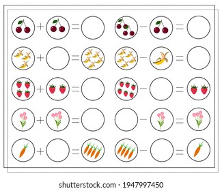 A math game for kids. Solve the examples, count the items. Raspberries, cherries, bananas, carrots, and flowers.