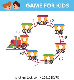 Math game for kids. Train. Counting skills to 10. Educational kids activity. Workbook for children. Vector illustration