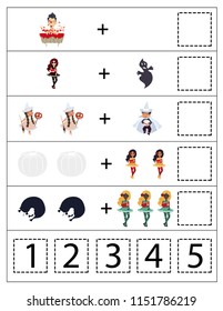 Math game for kids. Vector halloween illustration.