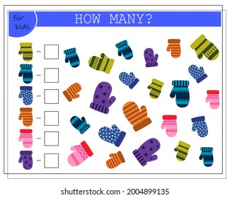 Math game for kids. worksheet count how many mittens. vector isolated on a white background.