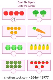 Jogo de matemática para tema de frutas e vegetais do jardim de infância. Planilha divertida 

