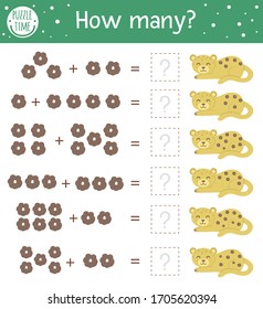 Math game with leopards. Tropical mathematic activity for preschool children. Jungle counting worksheet. Educational addition riddle with cute funny animals. Simple summer game for kids
