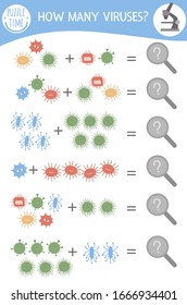 Math game with medical symbols. Medicine mathematic activity for preschool children. Printable counting worksheet. Educational addition riddle with cute funny elements