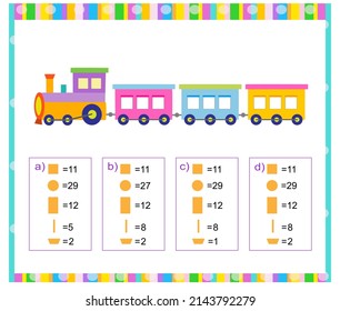 Mathe-Spiel für Kıds. Sie müssen die richtige Antwort finden. Übungsblatt. Vektorgrafik. Flaches Design (Antwort ist d).