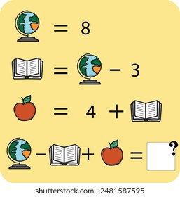 Mathematikspiel mit Bildern (geometrische Formen) für Kinder, leichte Ebene, Schulsachen, Notizbuch, Lineal, Bleistift, Vorschulaktivität, Aufgabe für die Entwicklung des logischen Denkens, Vektorillustration