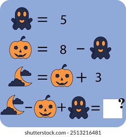 Math game with pictures (Halloween) for kids, easy level, educational game for children, preschool worksheet activity, logical thinking development task, vector illustration