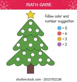 Math game for preschool age, toodlers. Educational resource to improve your arithmetic skills. Vectorial christmas game: color the balls according to the numbers.