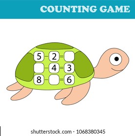 Math Game for Preschool Children. Educational a mathematical game. Kids activity sheet. Count the numbers in the picture and write the result. Turtle