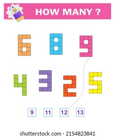 Math game for preschool and school age children. Educational material for kids.  Count number of squares in a each object. Worksheet. Vector illustration.