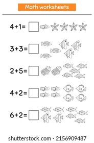 Juego matemático para niños en edad preescolar y escolar. Contar e insertar los números correctos. Adición. Pescado de perro. Colorido de la página.