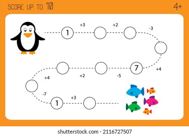 Math game for preschoolers. Addition, subtraction to ten. Help penguin to reach fish. Worksheet for children. Vector