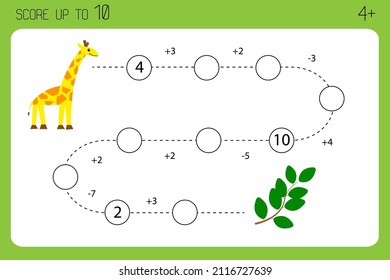 Math game for preschoolers. Addition, subtraction to ten. Help giraffe to reach foliage. Worksheet for children. Vector
