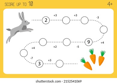 Math game for preschoolers. Addition, subtraction, counting to ten. worksheet for children. Count it. Help hare to get to carrots. Cartoon