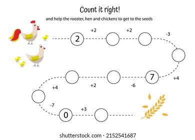 Math game for preschoolers. Addition, subtraction, counting to ten. worksheet for children. Count it. Help rooster get to grain. Cartoon