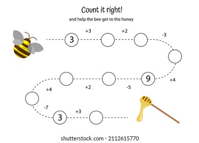 Math game for preschoolers and elementary school students. Educational worksheet for children. Addition and subtraction to 10. Count correctly and enter numbers