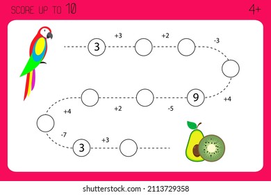 Juego matemático para preescolares y estudiantes de primaria. Hoja de trabajo educativa para niños. Adición y sustracción a 10. Loro de ayuda para llegar a kiwi