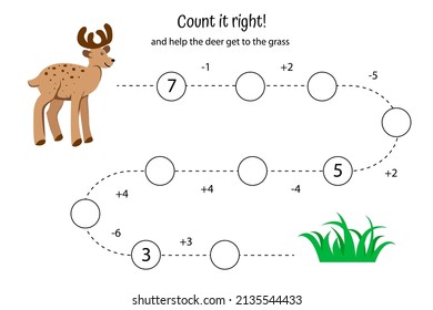 Math game for preschoolers. score is up to 10. Addition and subtraction worksheet. Help deer get to grass. vector