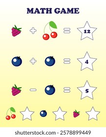 Math game. Puzzle for children. Logical task. Berry theme. Worksheet. Simple levels. Vector illustration EPS10
