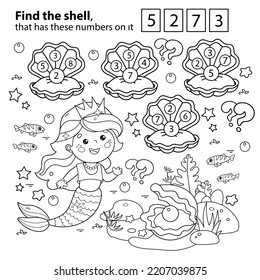 Math game. Puzzle for kids. Coloring Page Outline Of cartoon beautiful little mermaid. Marine princess. Underwater world. Coloring Book for children.