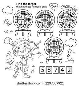 Math game. Puzzle for kids. Coloring Page Outline Of cartoon cheerful boy indian with bow for shooting and arrow and with target. Coloring Book for children.