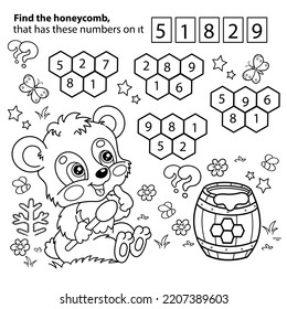 Math game. Puzzle for kids. Coloring Page Outline Of cartoon little bear cub with barrel of honey. Coloring Book for children.