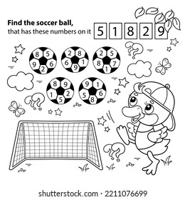 Math game. Puzzle for kids. Coloring Page Outline Of cartoon duck or duckling with soccer ball. Football. Sport. Coloring Book for children.